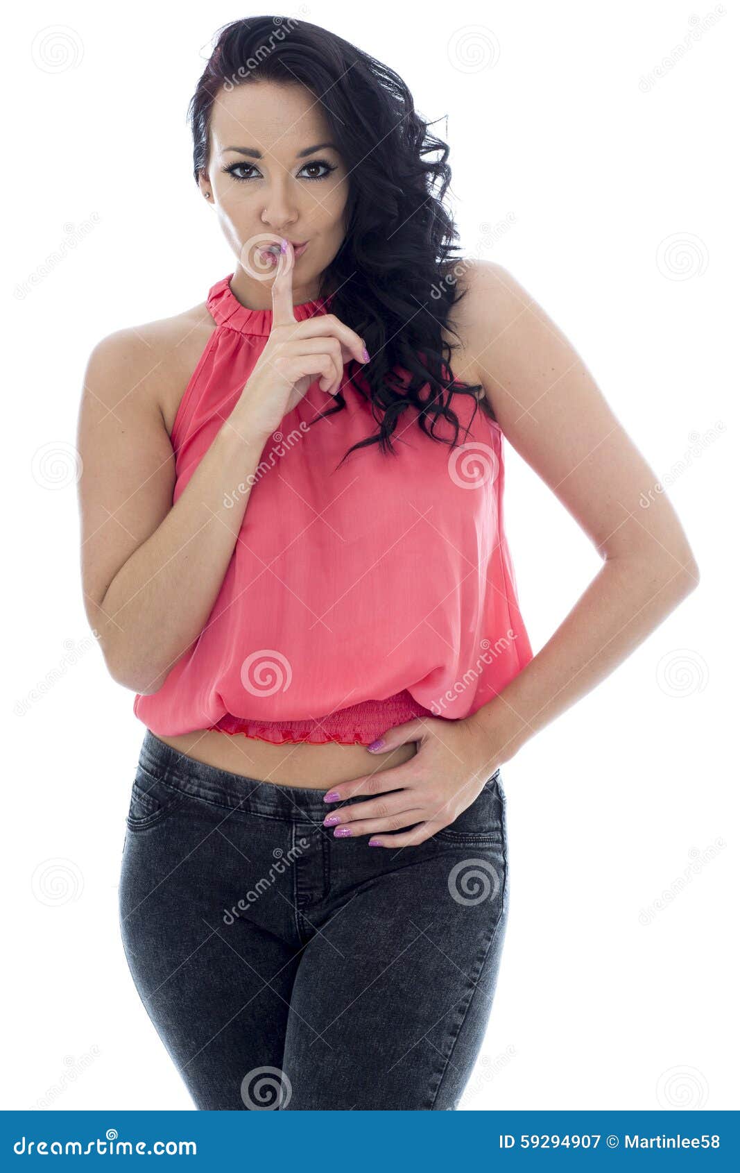 Young Hispanic Woman Posing In A Pink Top And Black Jeans Stock Image Image Of Blouse