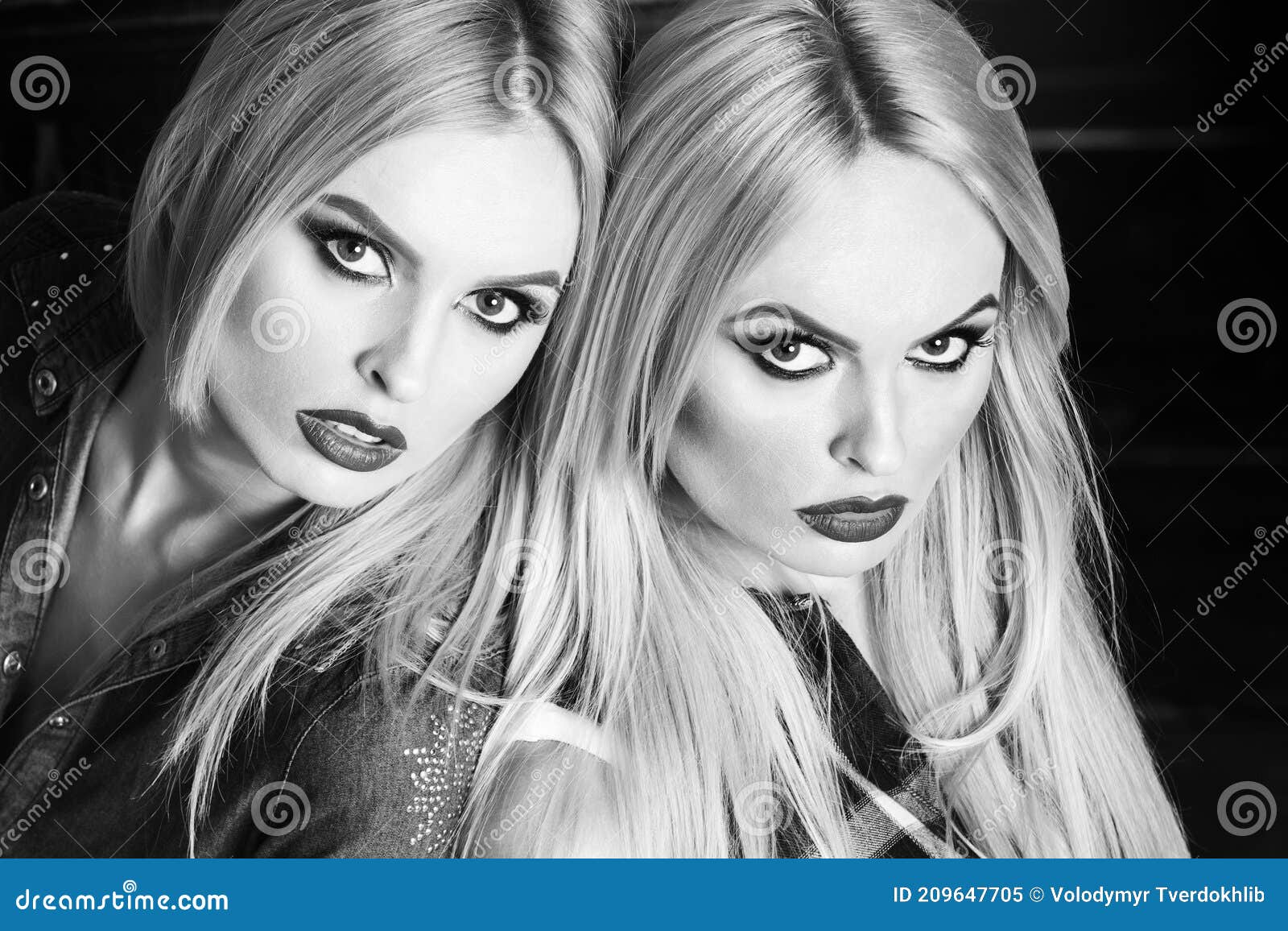 Young Pretty Girls, Twin Sisters with Blond Hair. Fashionable Makeup and  Red Lips, Lesbian Women Lovers Stock Image - Image of lovers, friendship:  209647705