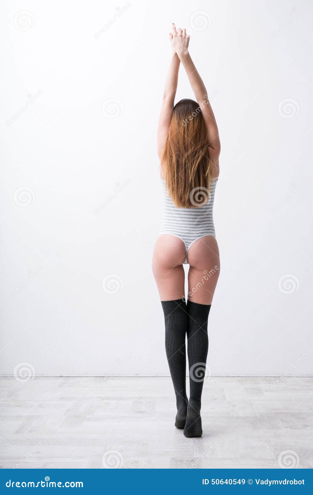 Back View Young Beautiful Woman Black Leggings White Blouse