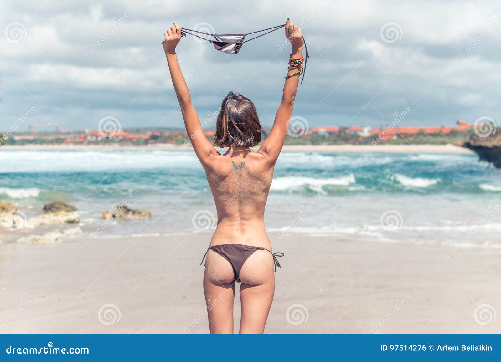 Young Woman without Bra on the Tropical Beach of Bali Island. Bikini Girl  Freedom Concept. Indonesia. Stock Photo - Image of brunette, fashion:  97514276