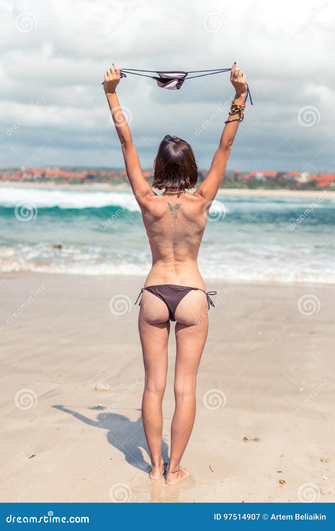 Young Woman without Bra on the Tropical Beach of Bali Island. Bikini Girl  Freedom Concept. Indonesia. Stock Image - Image of body, brunette: 97514907