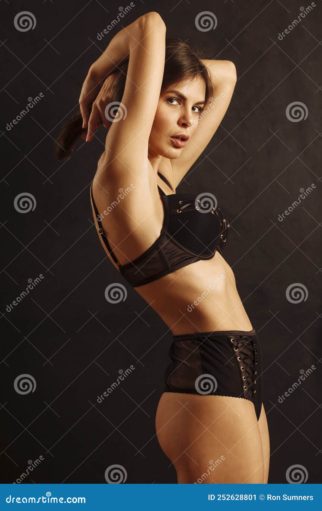 Sexy Woman Black Lingerie Over Dark Background Stock Photos