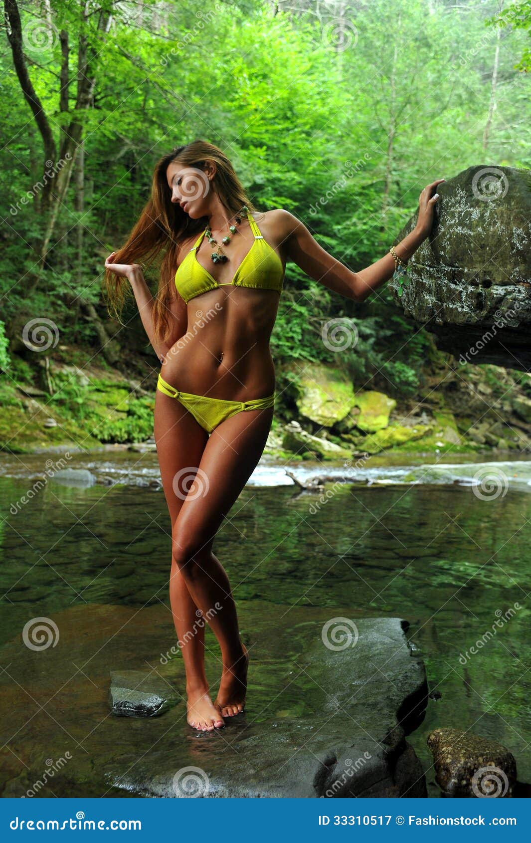 forfatter synet Spædbarn Young Woman Posing in Designer Bikini at Exotic Location of Mountain River  Stock Image - Image of exotic, breasts: 33310517