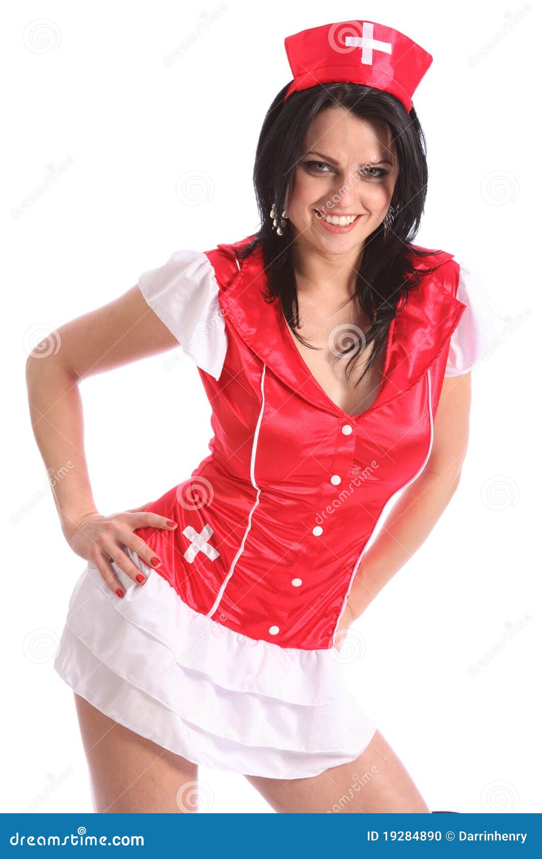 Young Woman in Red Fancy Dress Nurse Costume Stock - Image of cheerful, skirt: 19284890