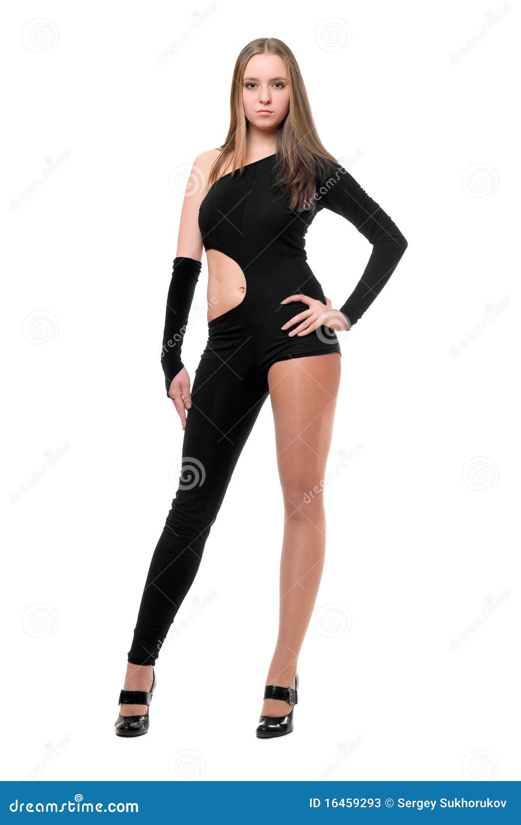 young woman in skintight black costume