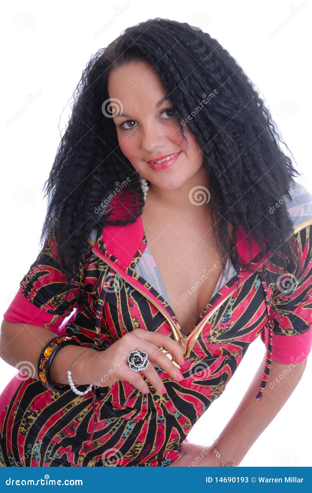 young woman smilin in colorful dress 