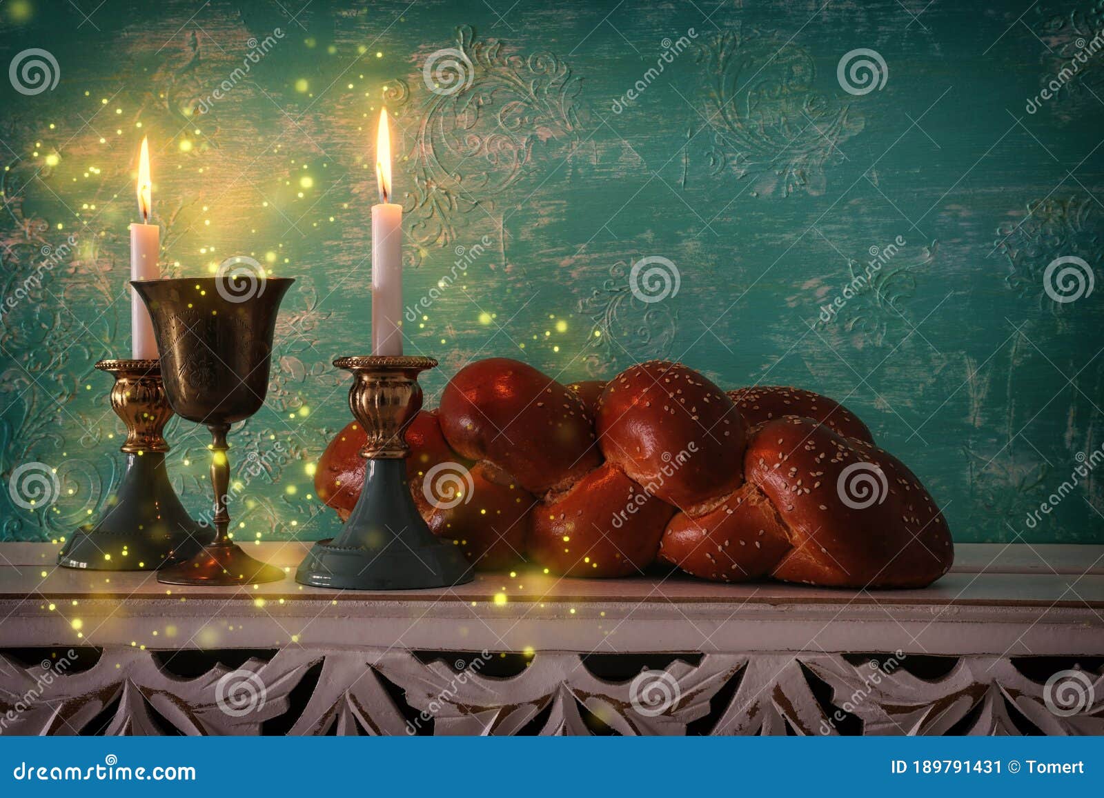 Shabbat Image. Challah Bread, Shabbat Wine and Candles Stock Image