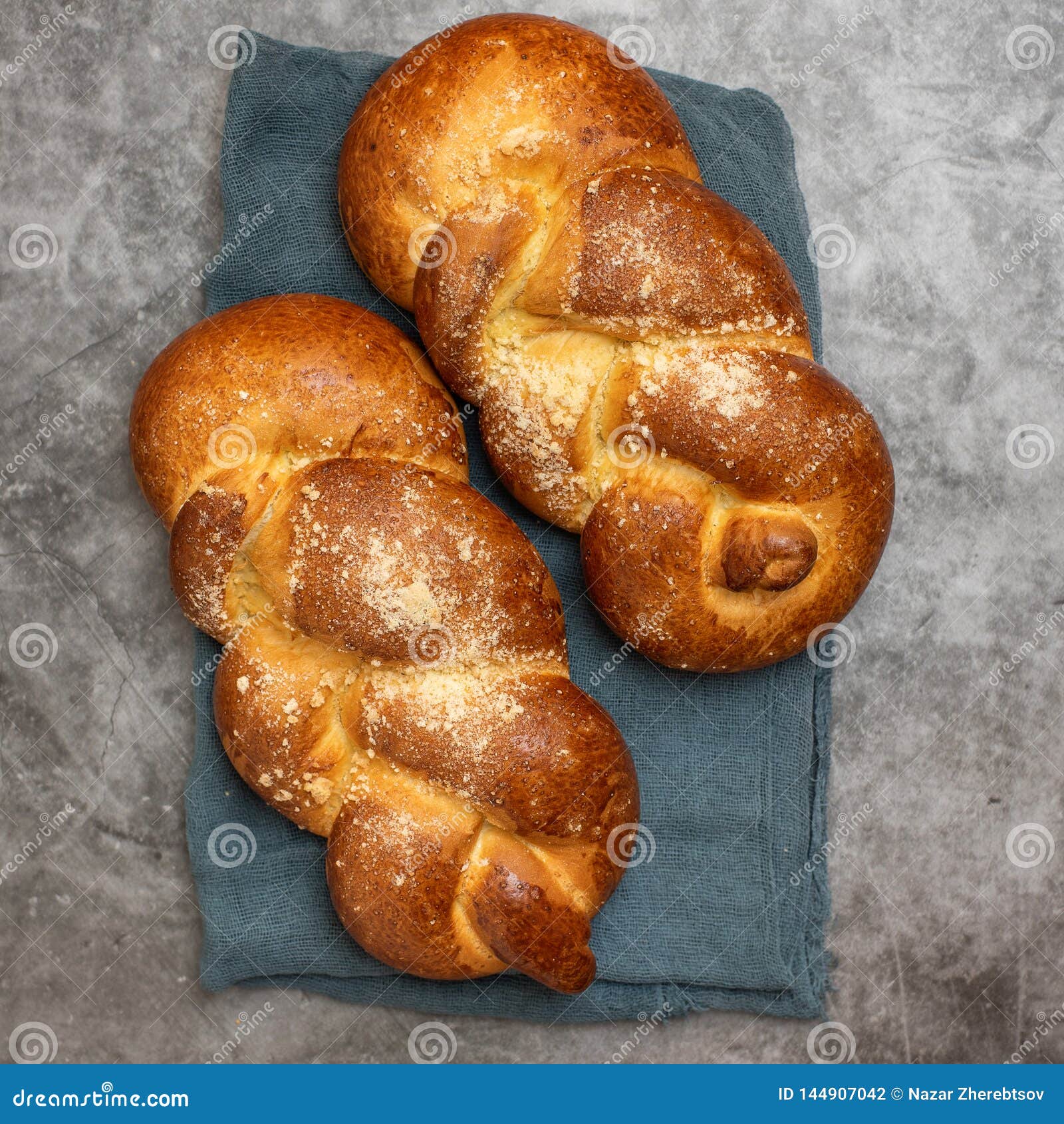 Shabbat Shalom - Challah Bread on Grey Background. Top View Stock Photo ...