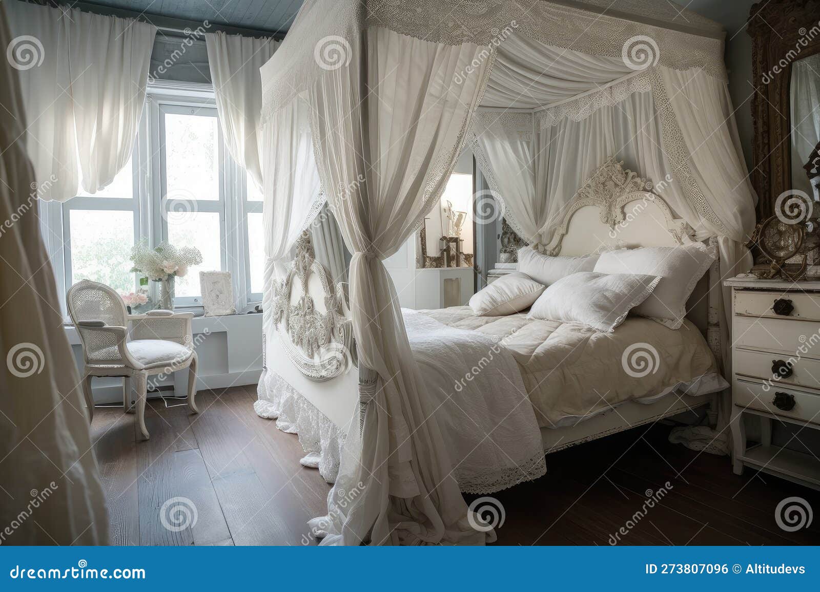 Shabby Chic Bedroom with Antique Bed, Canopy and Drapes Stock