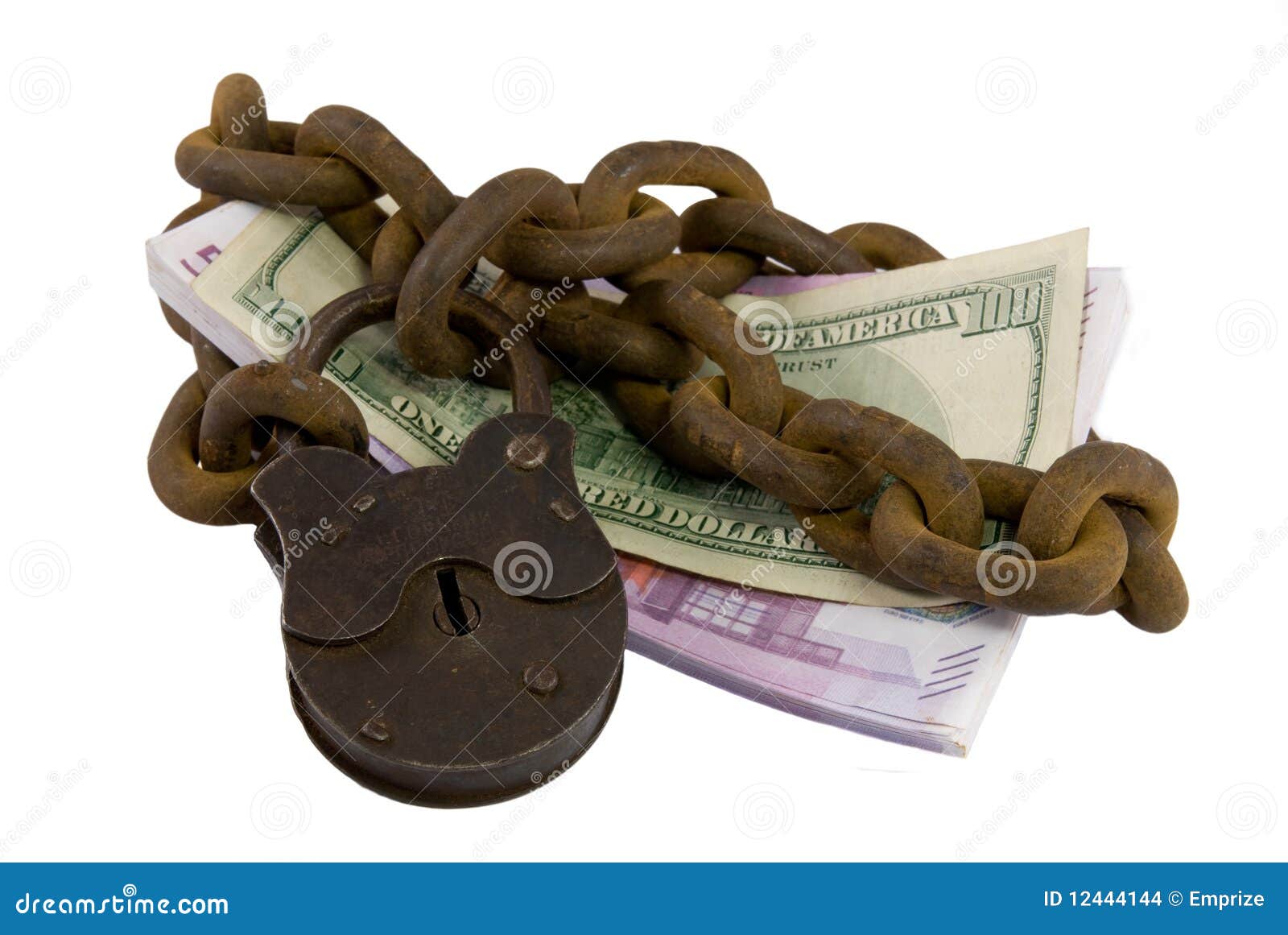 Shackled Money Under Lock and Key Stock Photo Image of