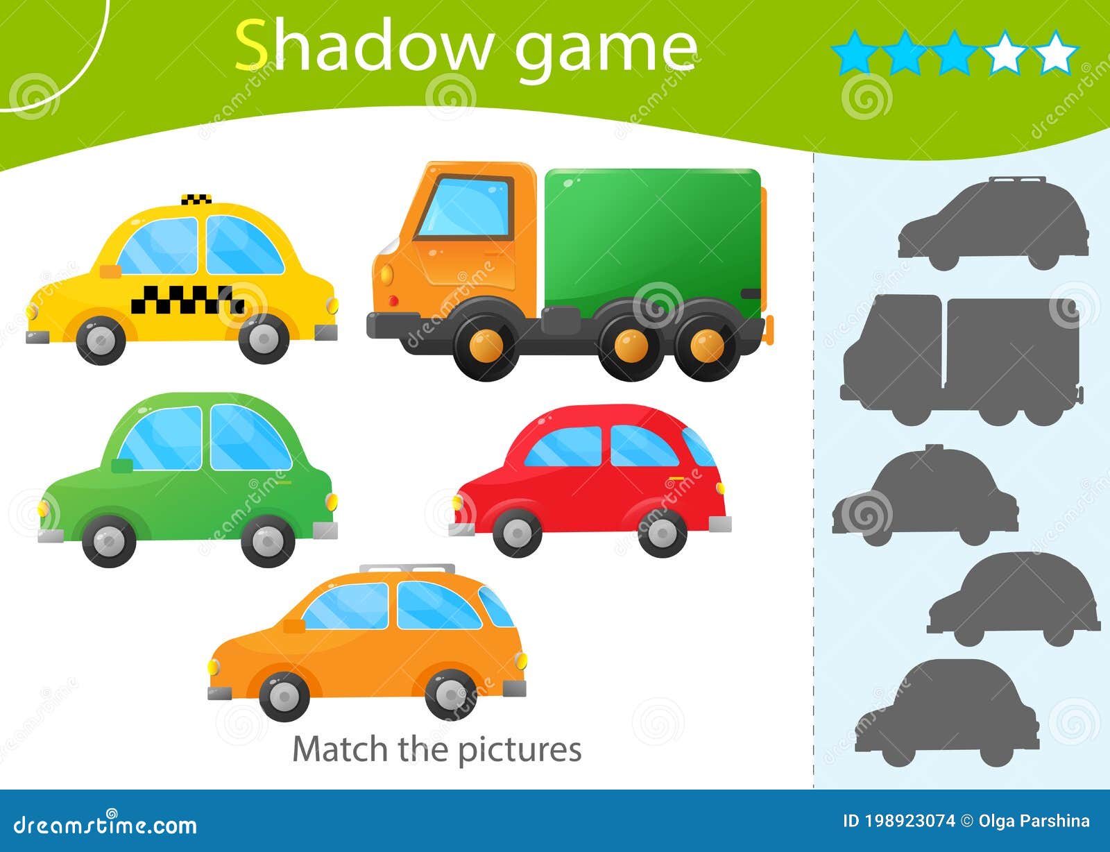 Shadow Game for Kids. Match the Right Shadow. Color Images of Cartoon Cars.  Taxi, Passenger Cars and Truck. Transport or Vehicle Stock Vector -  Illustration of education, logic: 198923074