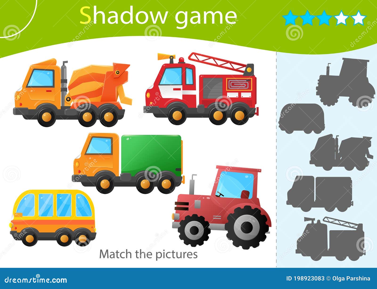 Shadow Game for Kids. Match the Right Shadow. Color Images Cartoon Cars.  Truck and Tractor. Fire Truck and Concrete Mixer. Bus Stock Vector -  Illustration of logic, matching: 198923083