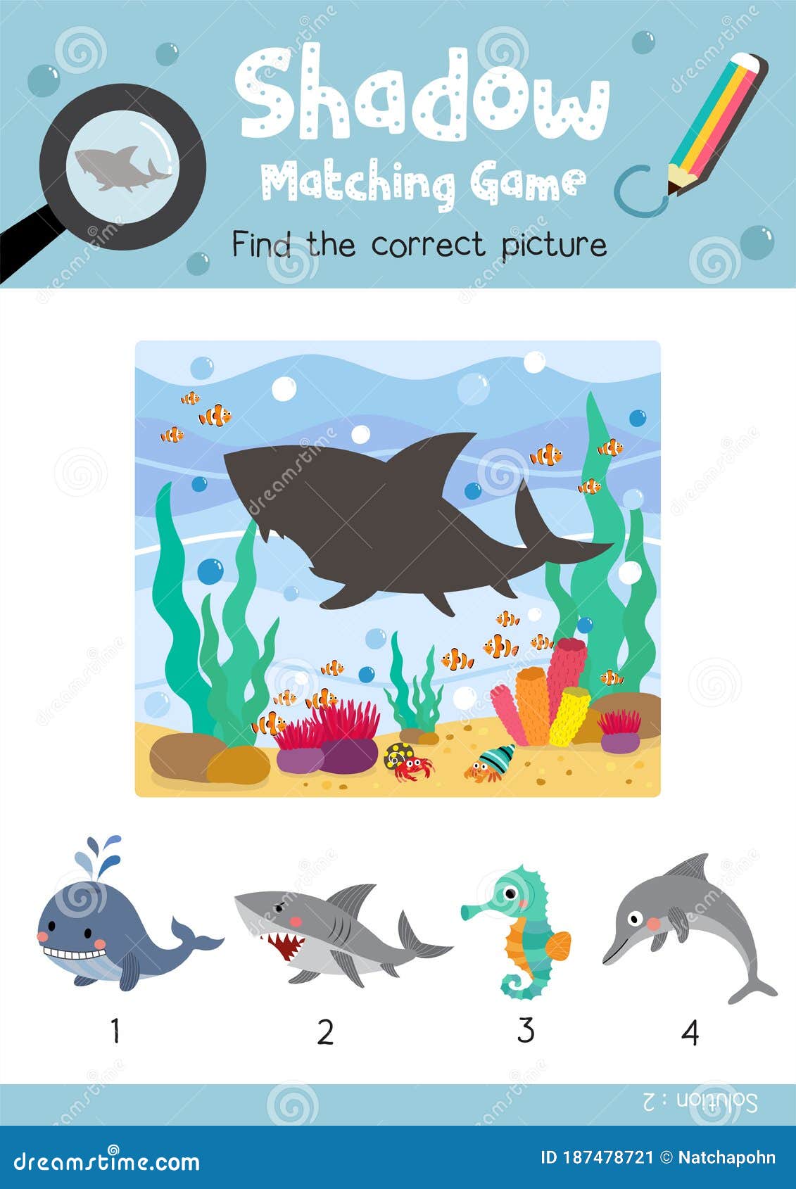 Shadow Matching Game Angry Shark Animal Cartoon Character Picture Vector  Illustration Stock Vector - Illustration of correct, silhouette: 187478721