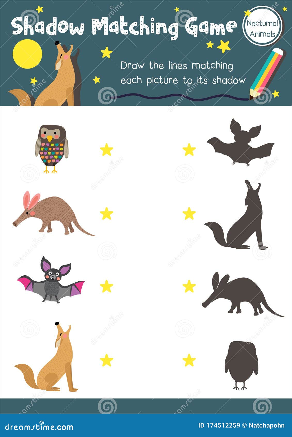 Shadow Matching Game Nocturnal Animal Stock Vector - Illustration of  preschool, animal: 174512259