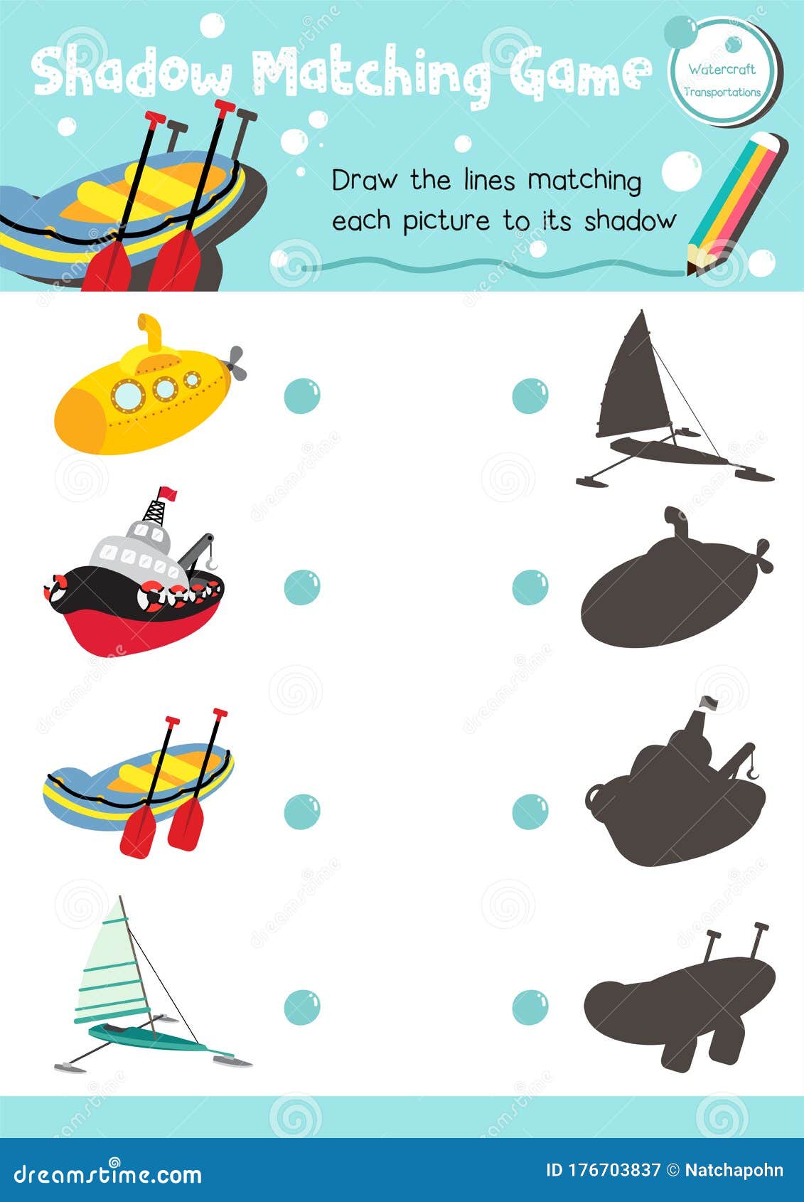 shadow matching game for preschool kids activity worksheet in transportation theme stock vector illustration of boat printable 176703837