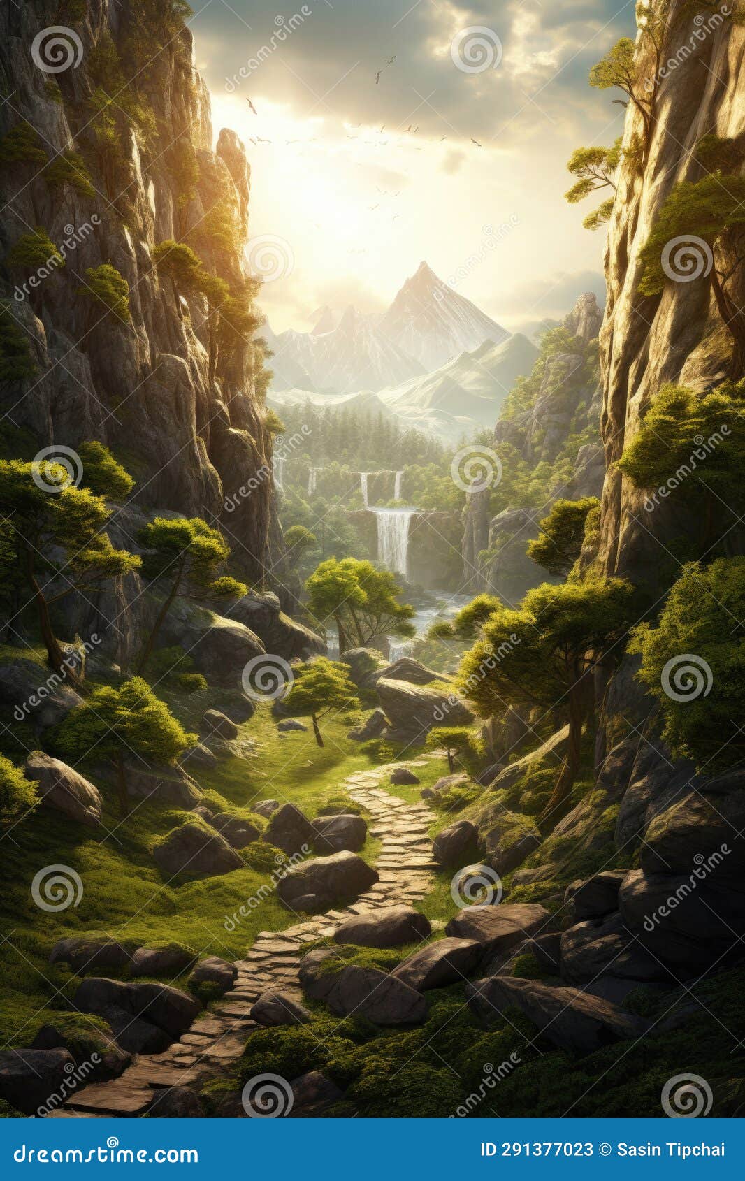 a shadowy birch and ceder tree forest path with tall birch and cedar trees on either side of the dirt path opens onto a sun-