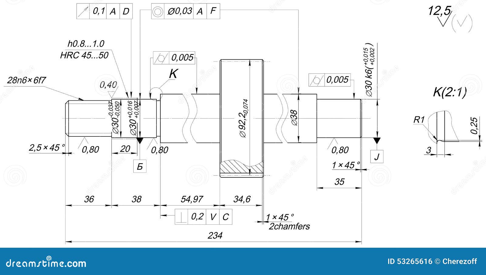 Drawing Lines Engineering : Shaft sketch with chamfers engineering drawing stock