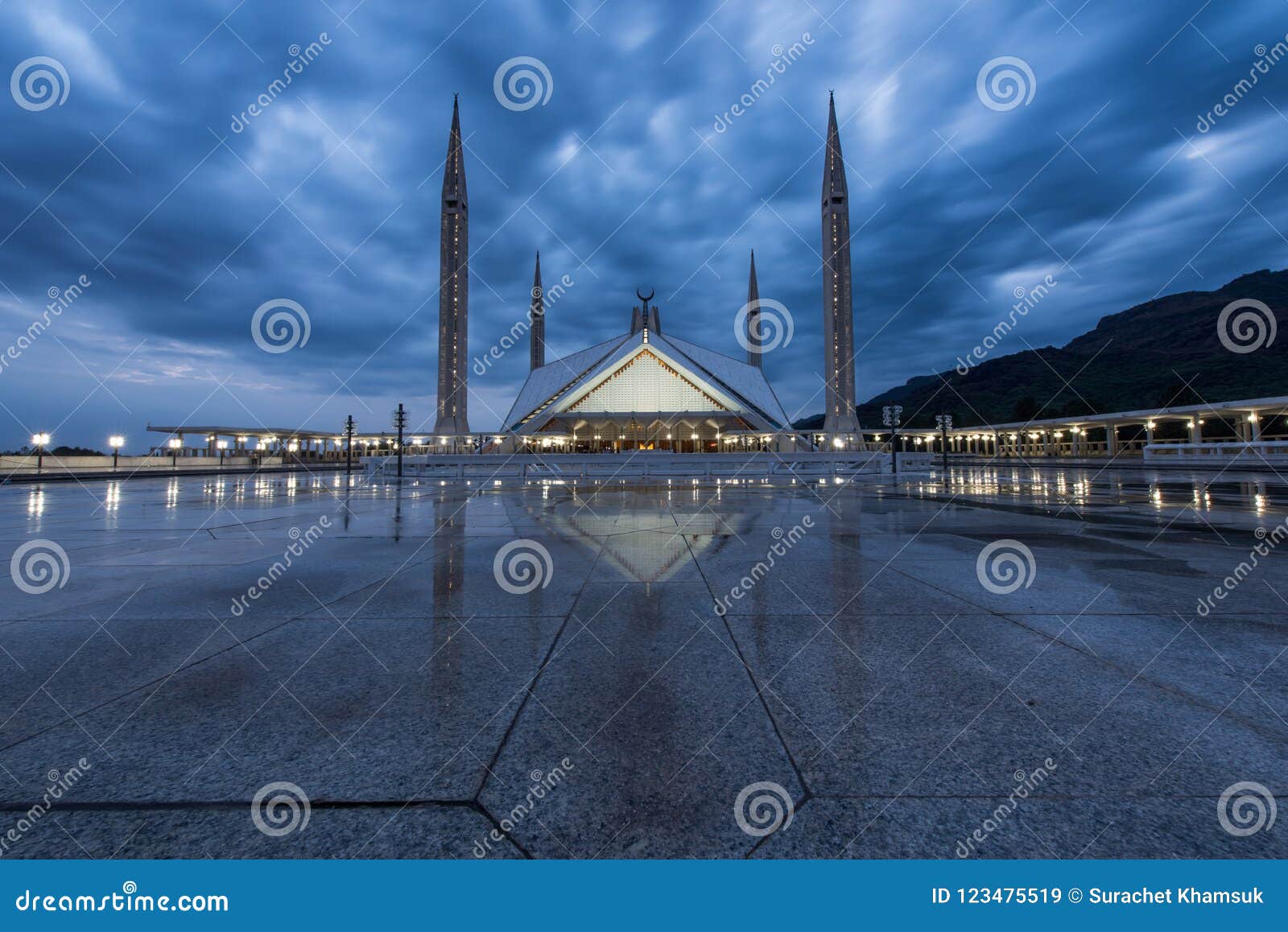 the shah faisal mosque masjid at twilight, the modern islamic