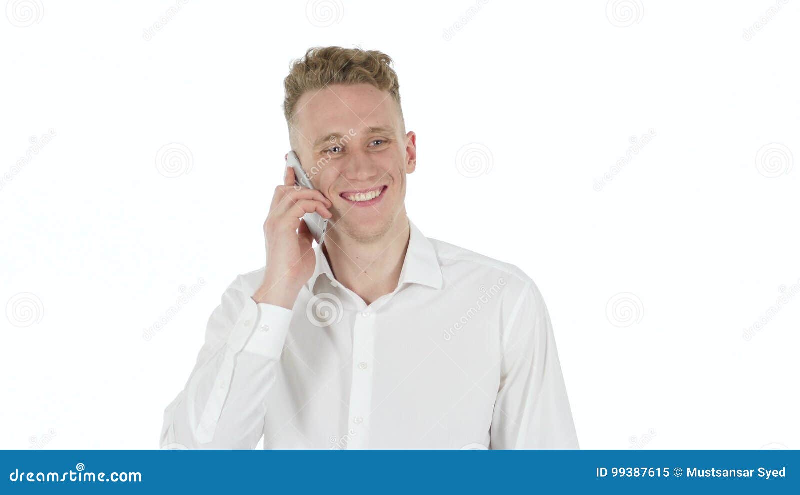 shaking head, no by young man on white background