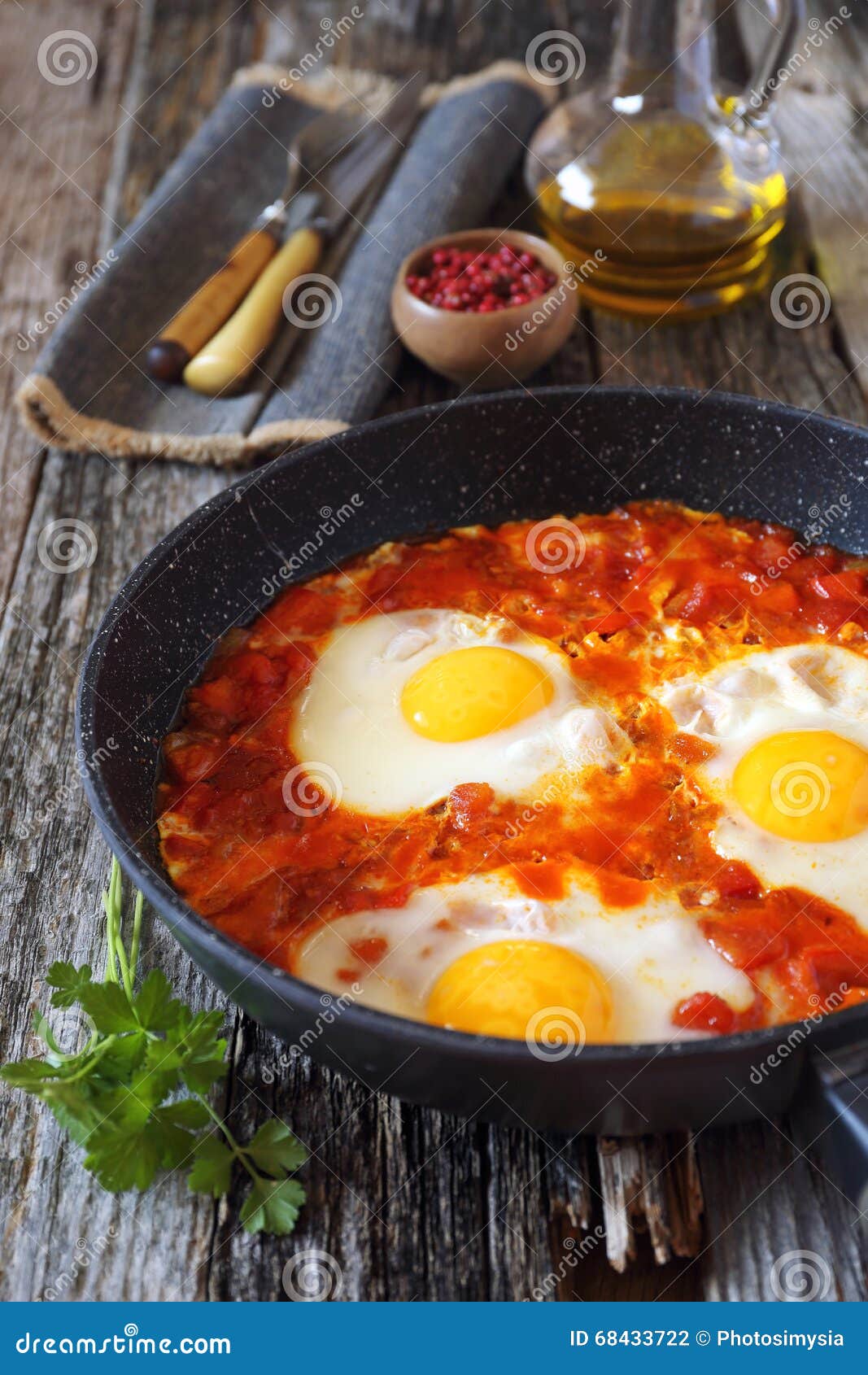 Shakshouka Fried Eggs with Tomatoes and Peppers Stock Photo Image of