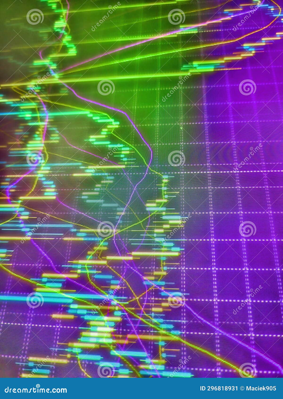 shallow depth of field. graph and indicator, red and green candlestick chart on blue theme screen, market volatility, up and down