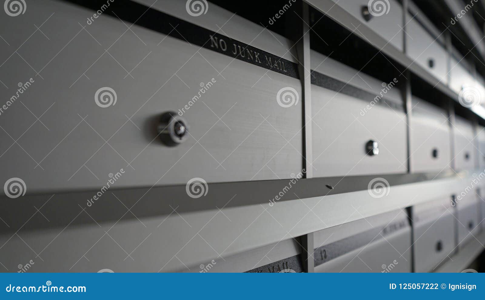 Shallow Depth Of Focus Angled Metal Grey Mailboxes Stock Photo