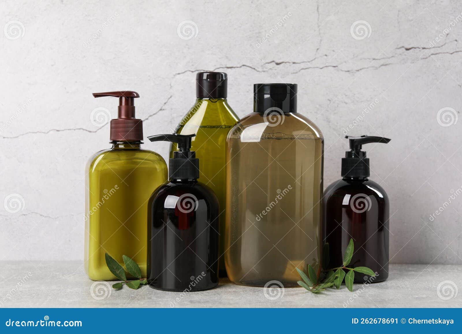 Shampoo Bottles and Leaves on Light Grey Table Stock Image Image of