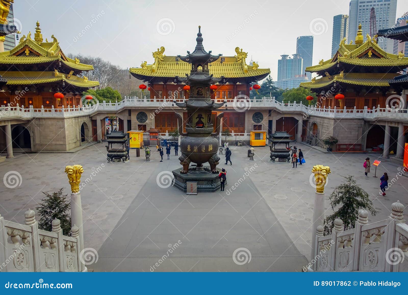 Shanghai China Beautiful Temple Building With Golden Roof Sorrounding Ancient Plaza With Very Nice Statue Centered Editorial Photography Image Of Bicycles Facade