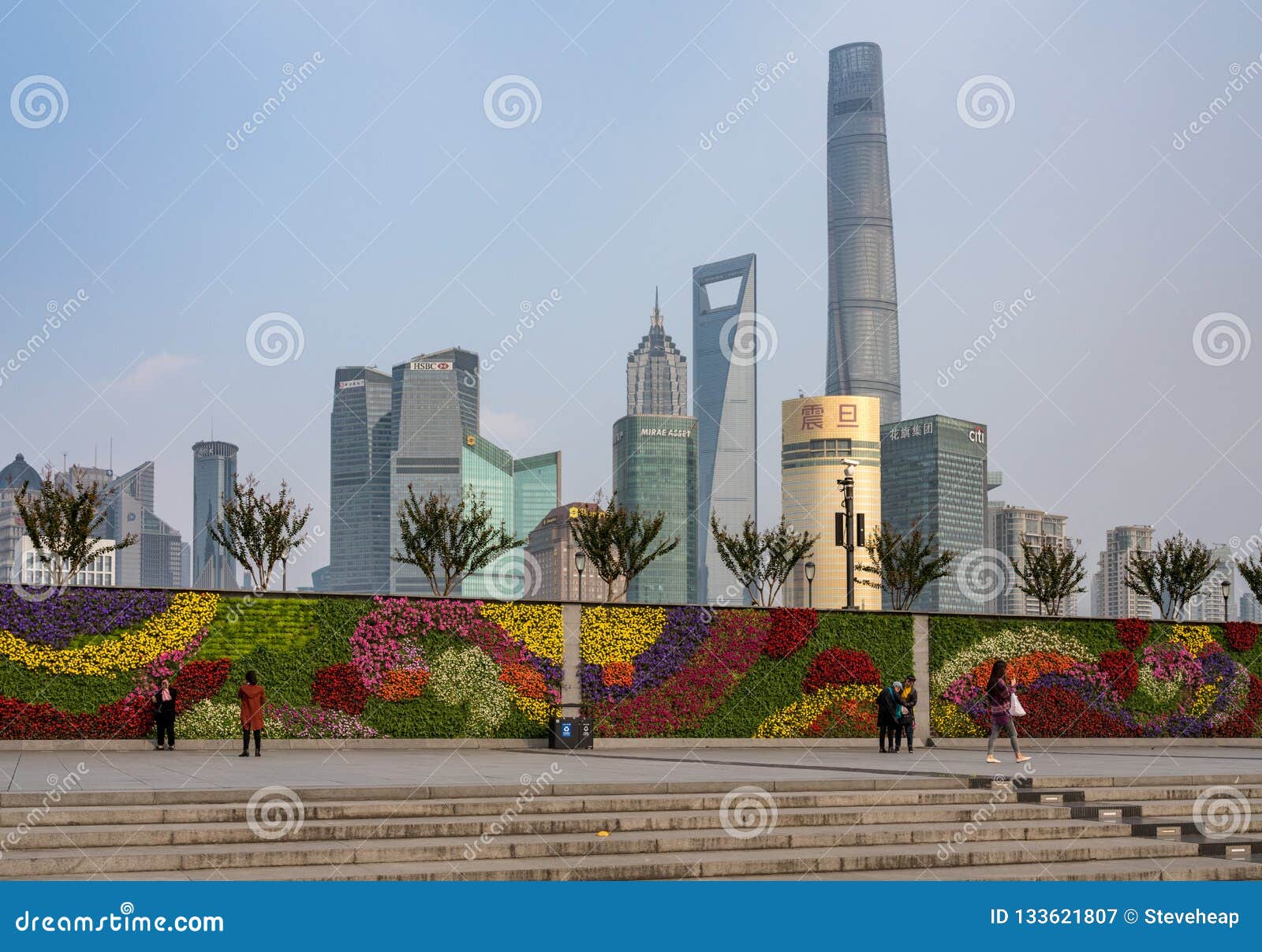 Floral Wall Garden With Downtown Shanghai Skyline Editorial