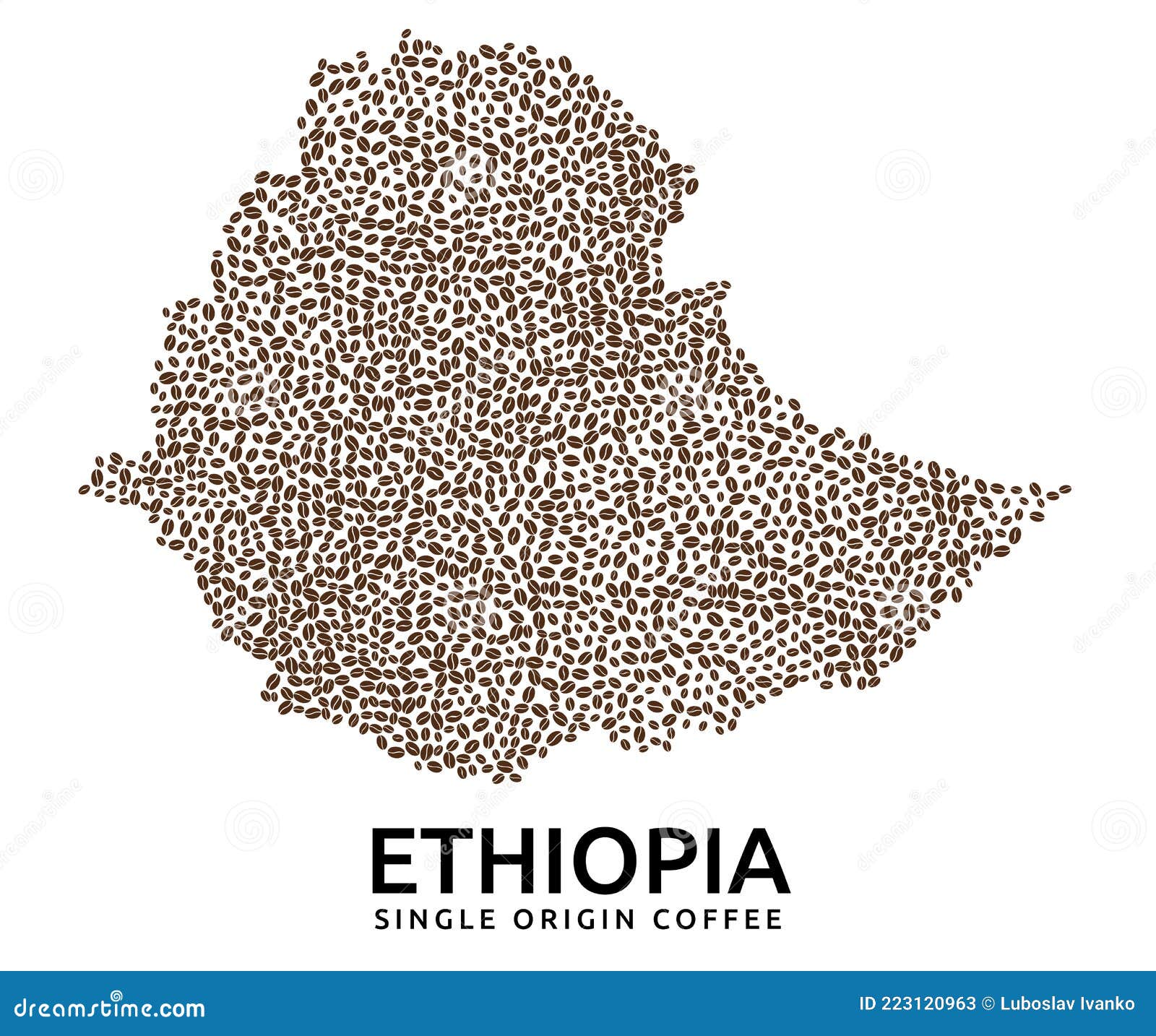 Shape of Ethiopia Map Made of Scattered Coffee Beans, Country Name