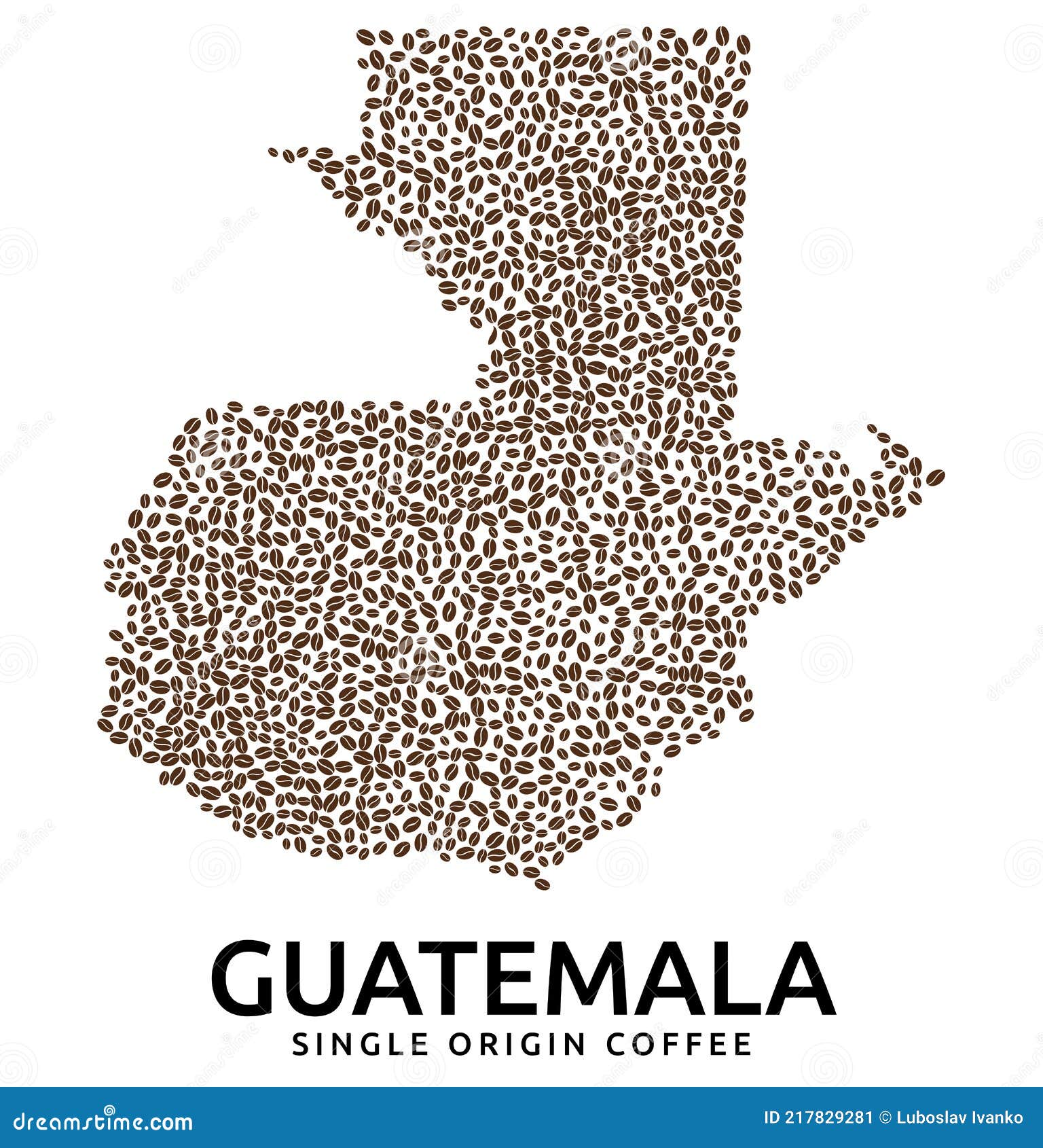  of guatemala map made of scattered coffee beans, country name below