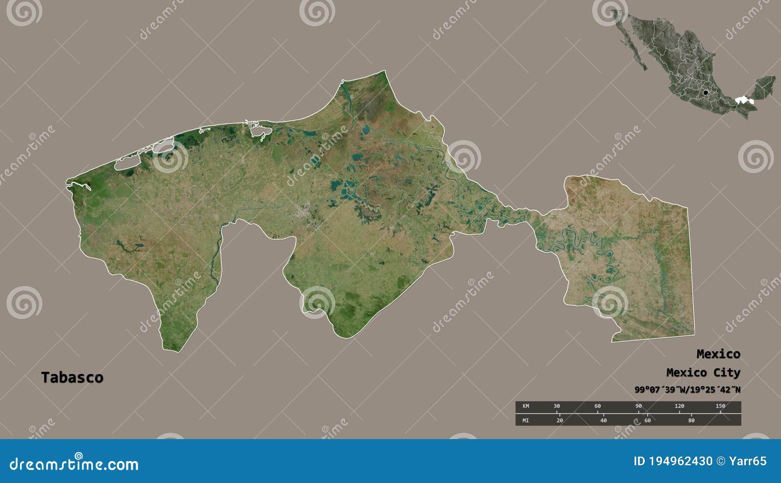 Tabasco, State of Mexico, Zoomed. Satellite Stock Illustration