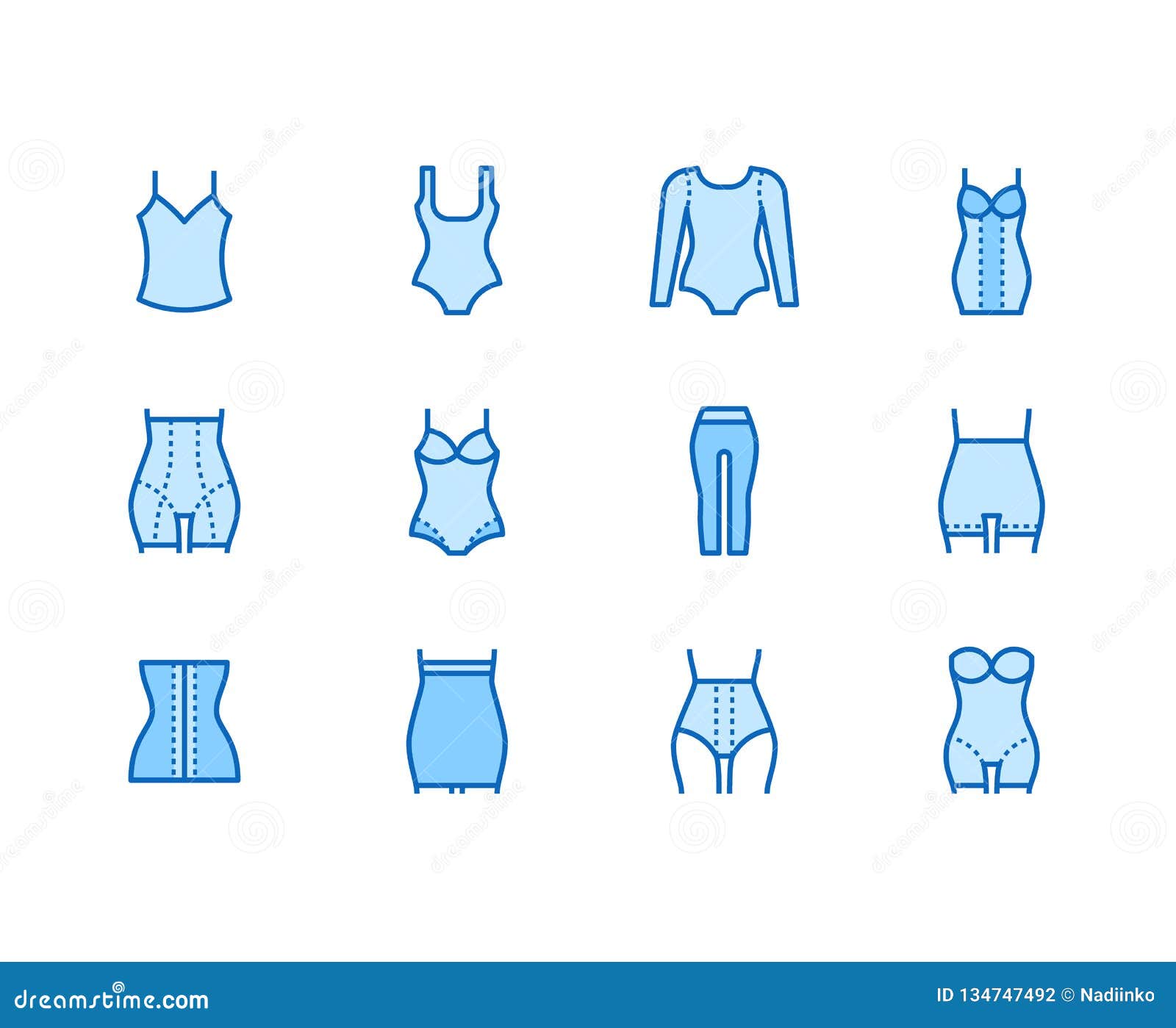 wear flat line icons set. corrective underwear, shaping bodysuit, thigh slimmer, leggings, waist control panties