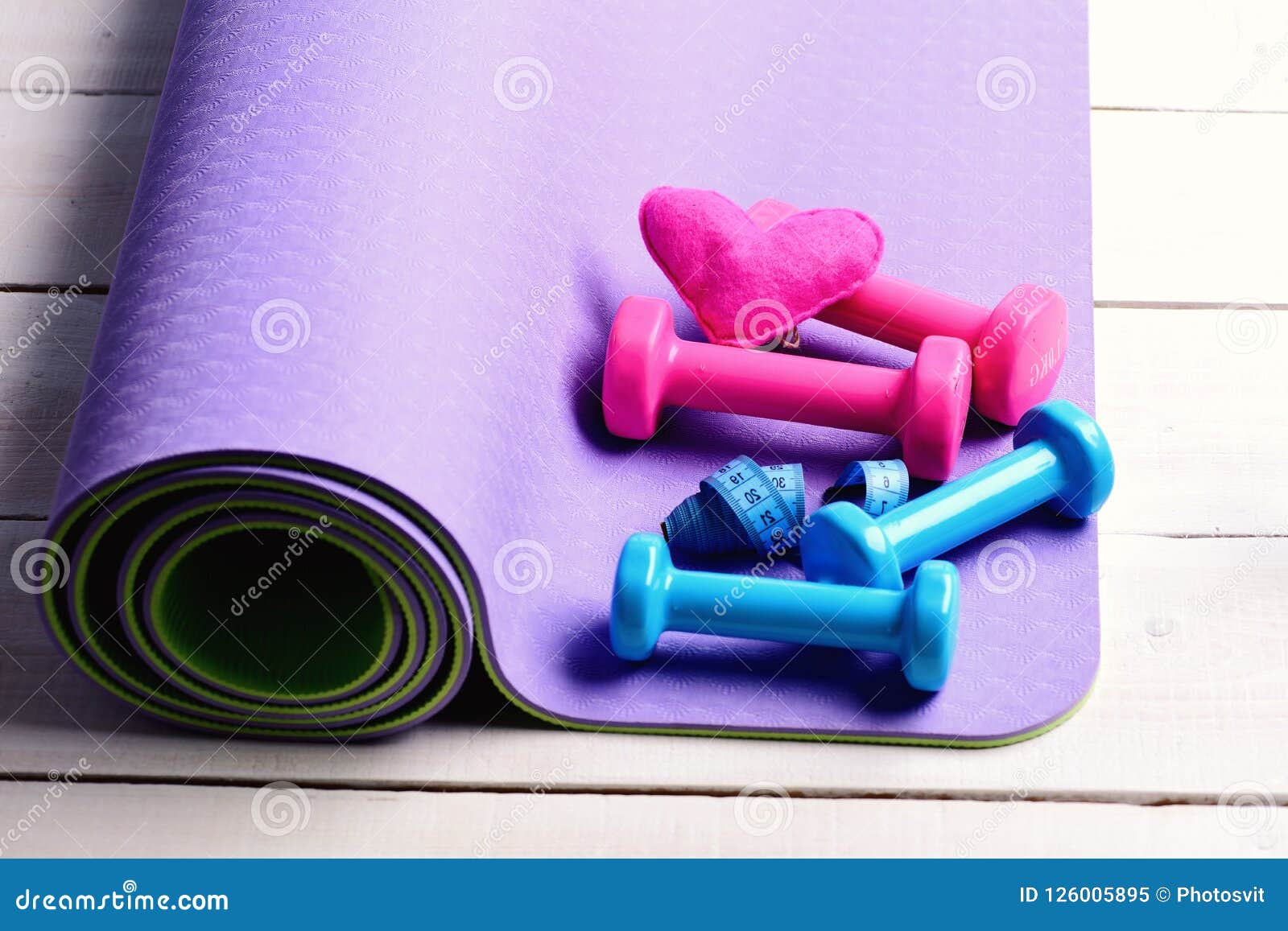 Barbells and Soft Pink Heart on Purple Yoga Mat Stock Image - Image of ...