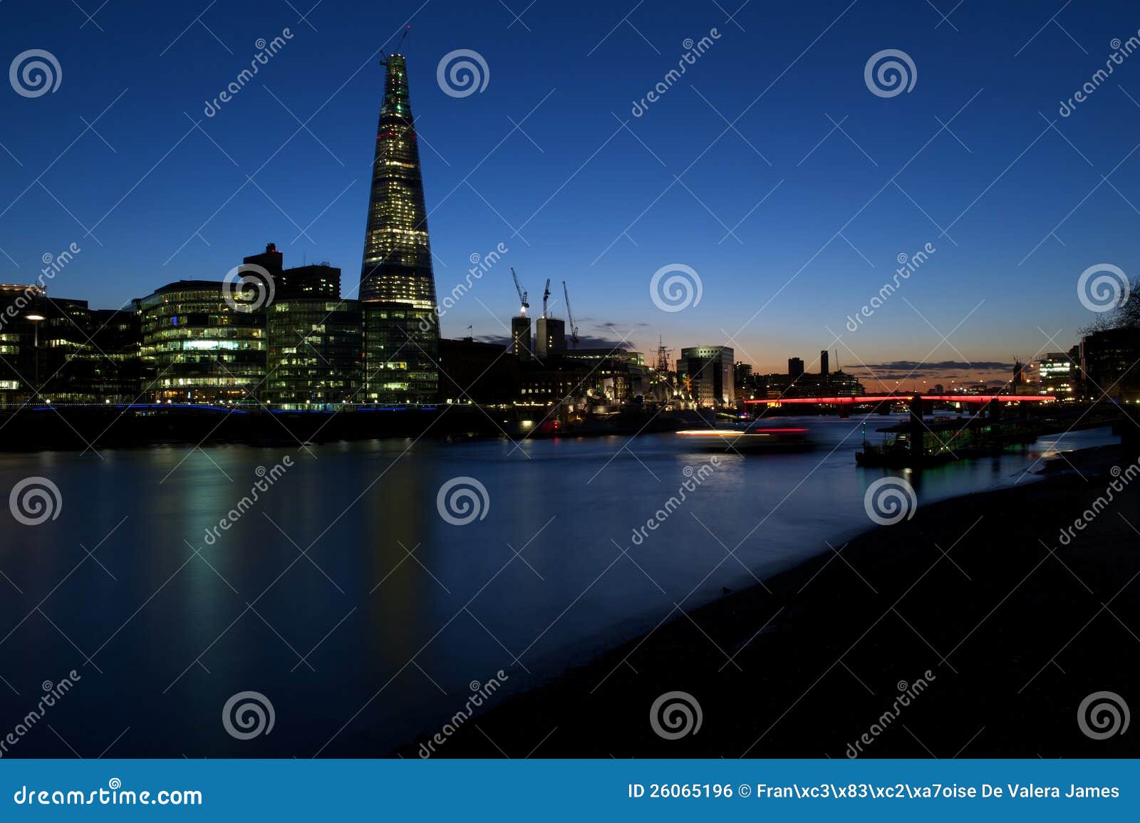 shard building, hms belfast, london bridge at dusk