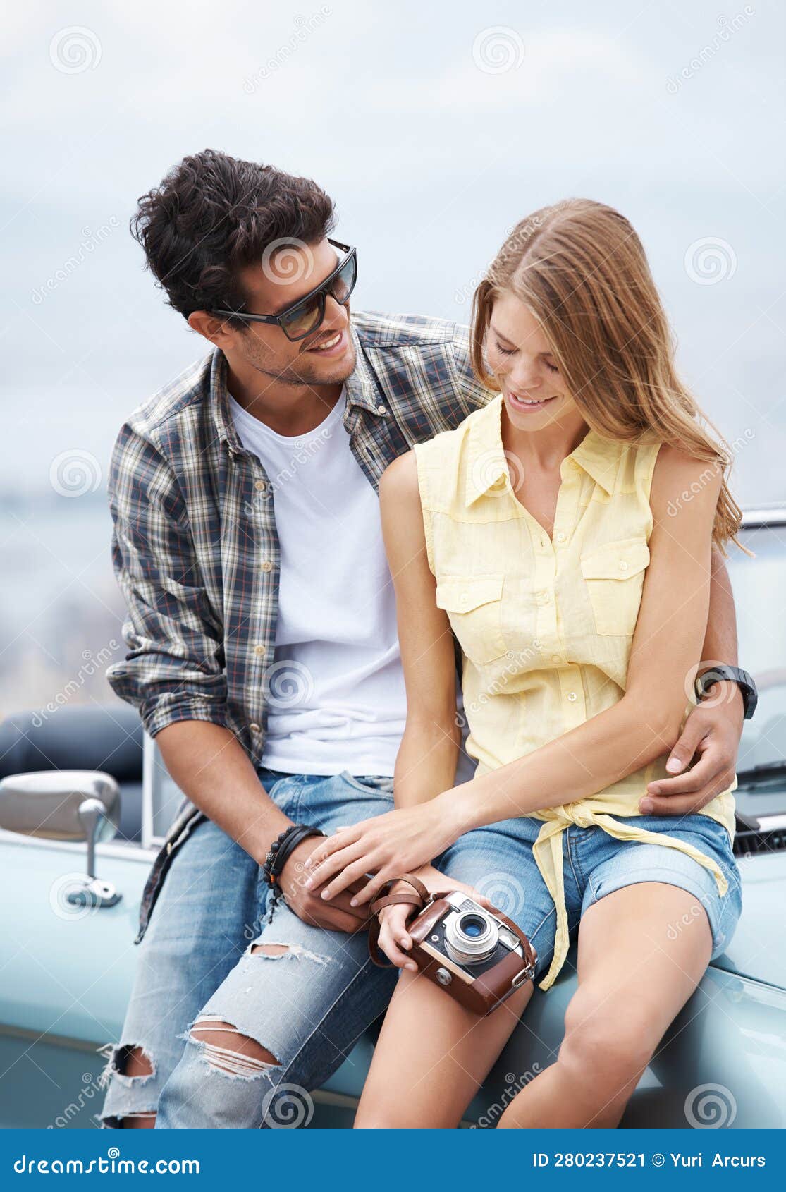 Young Couple Sitting On Bonnet Parked Stock Photo 215278807