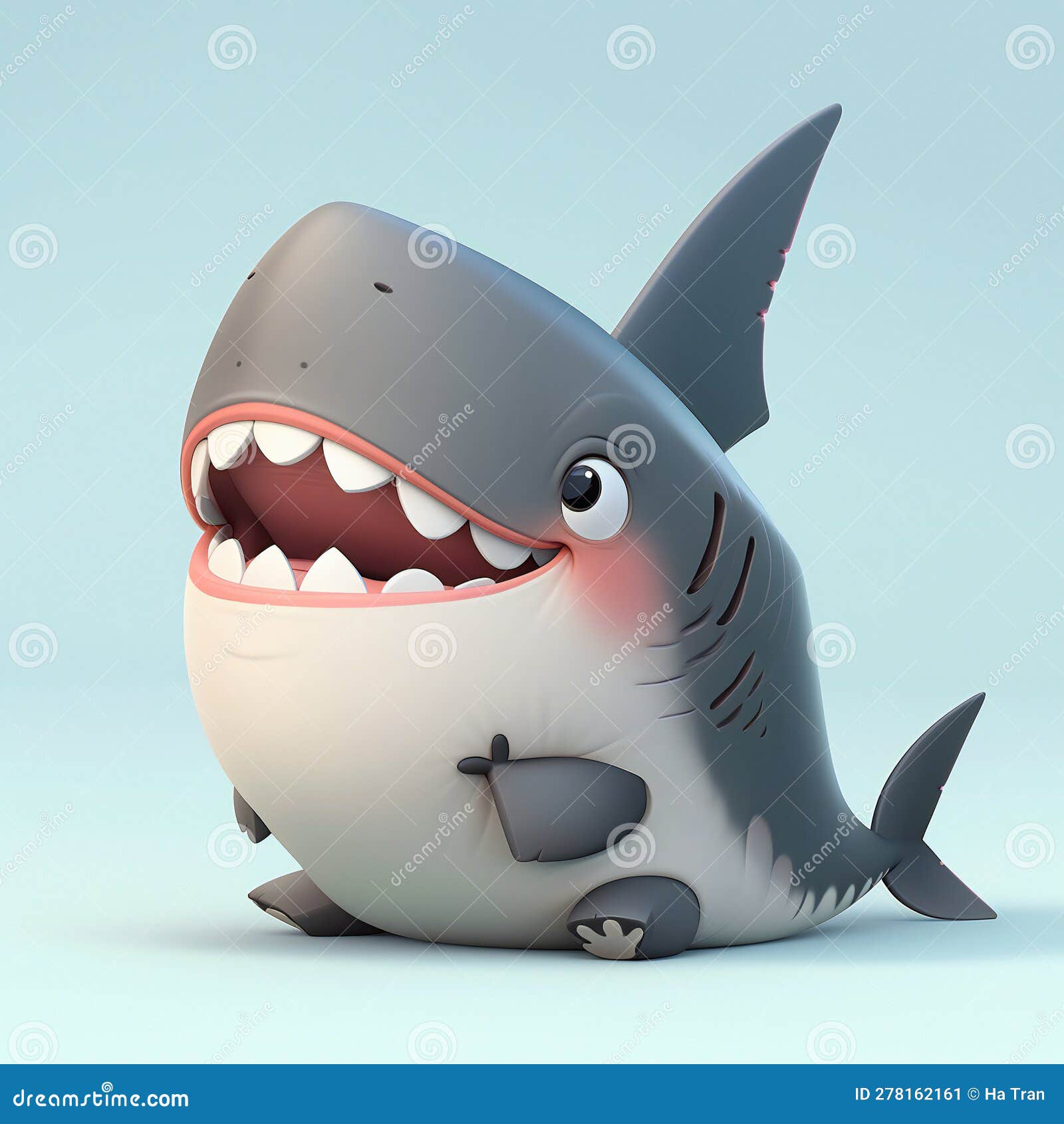 Shark Character Showing Teeth on Light Blue Background Stock