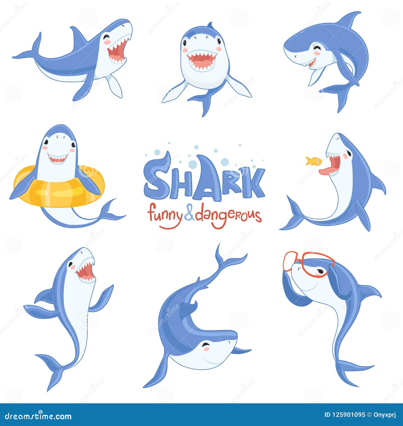 Shark Cute Animal. Fish Attack Playing Hungry and Happy Ocean Sea Shark  with Big Teeth Scary Blue Vector Characters Stock Vector - Illustration of  predator, mouth: 125901095