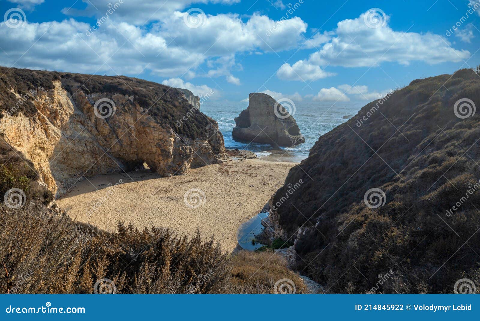 shark fin cove, beautiful beach landscape on the coast of the california highway, ocean, rocks, great sky, clear sunny weather