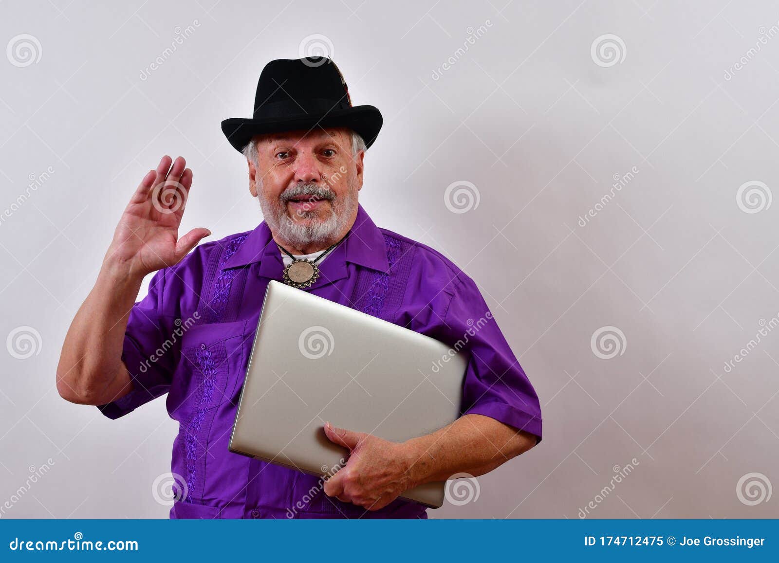 Proud Old Man Coming To Work With His Laptop Computer And ...