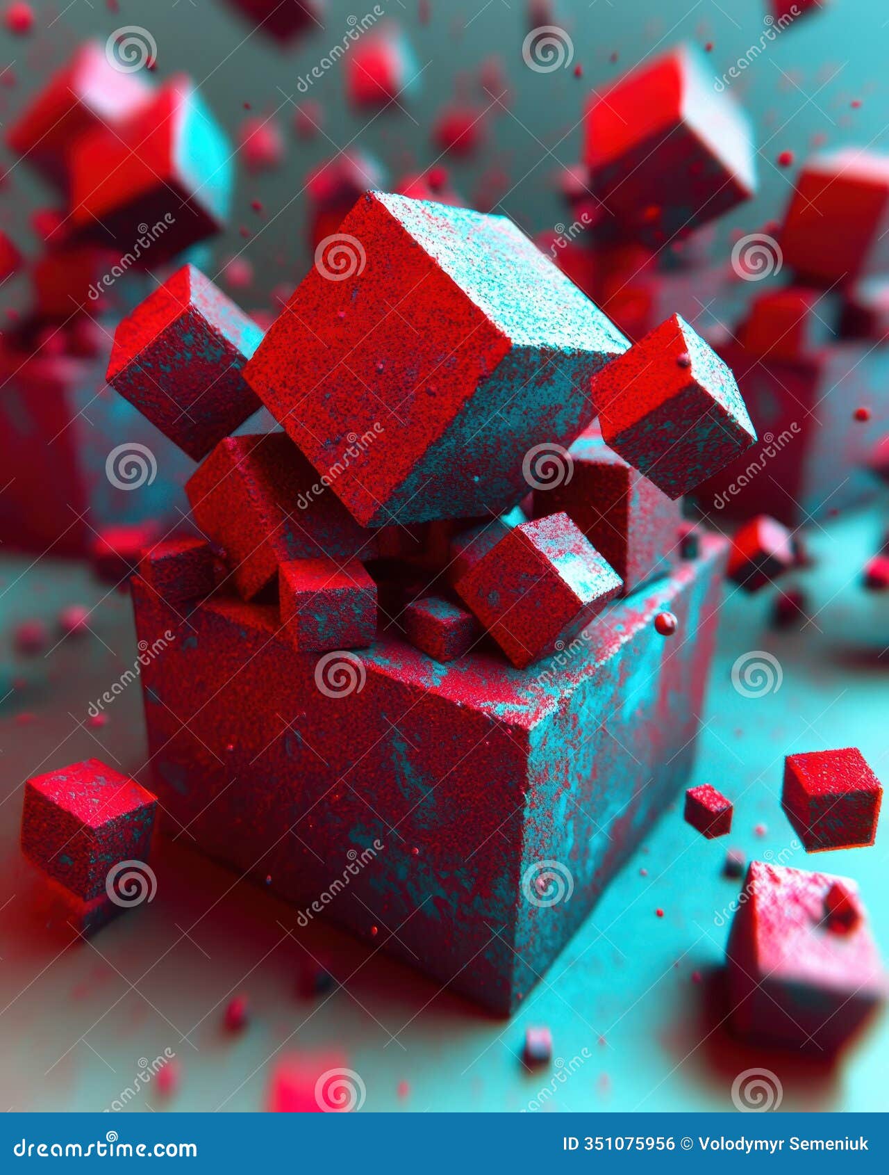 sharp-edged cubes and spheres dominate the foreground, creating a dynamic visual experience