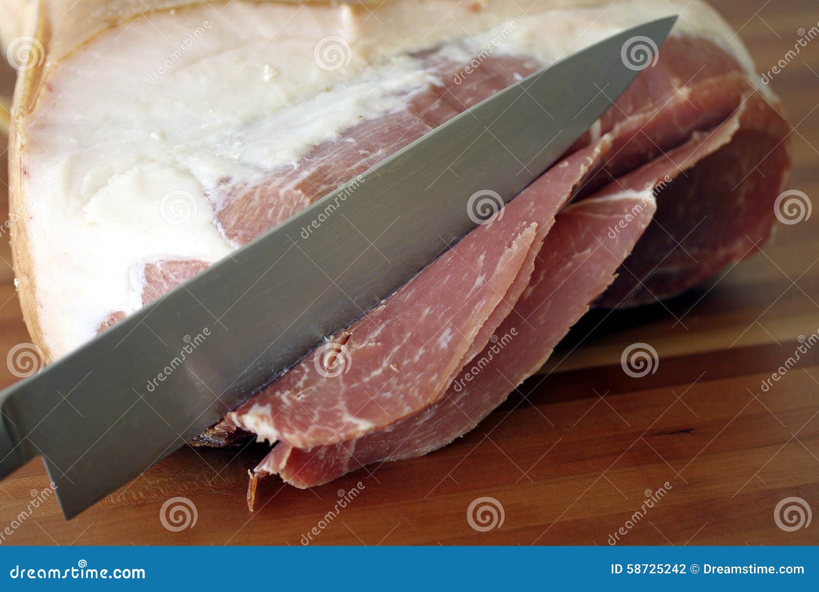 Sharp Knife Carving Prosciutto. Stock Photo Image of hand, flower