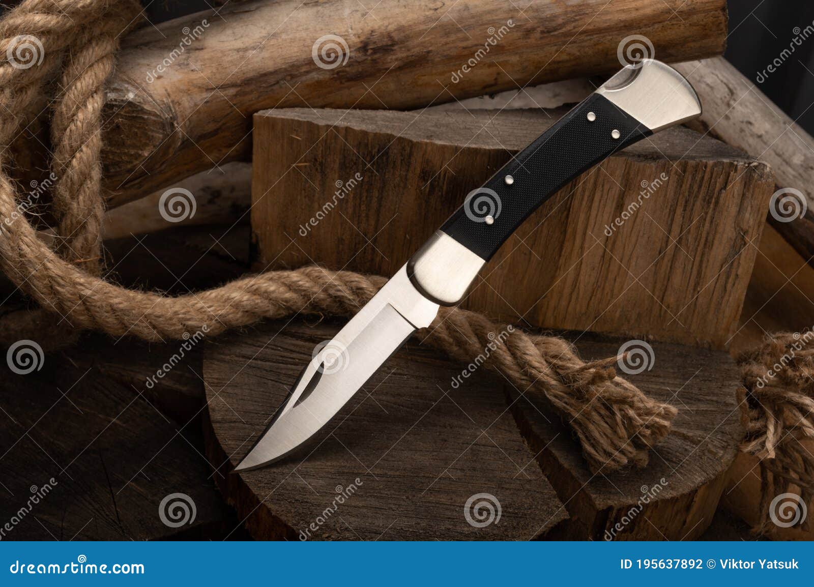 A Sharp Pocket Knife on a Tree Stump and Rope. Stock Photo Image of