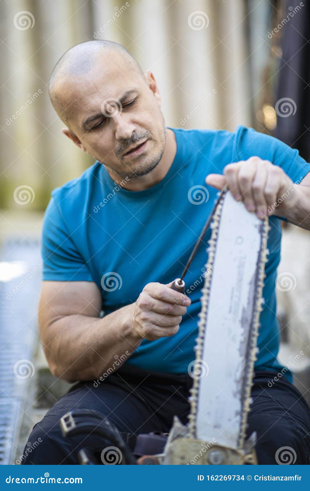 Sharpening a chainsaw stock photo. Image of grind, file 162269734