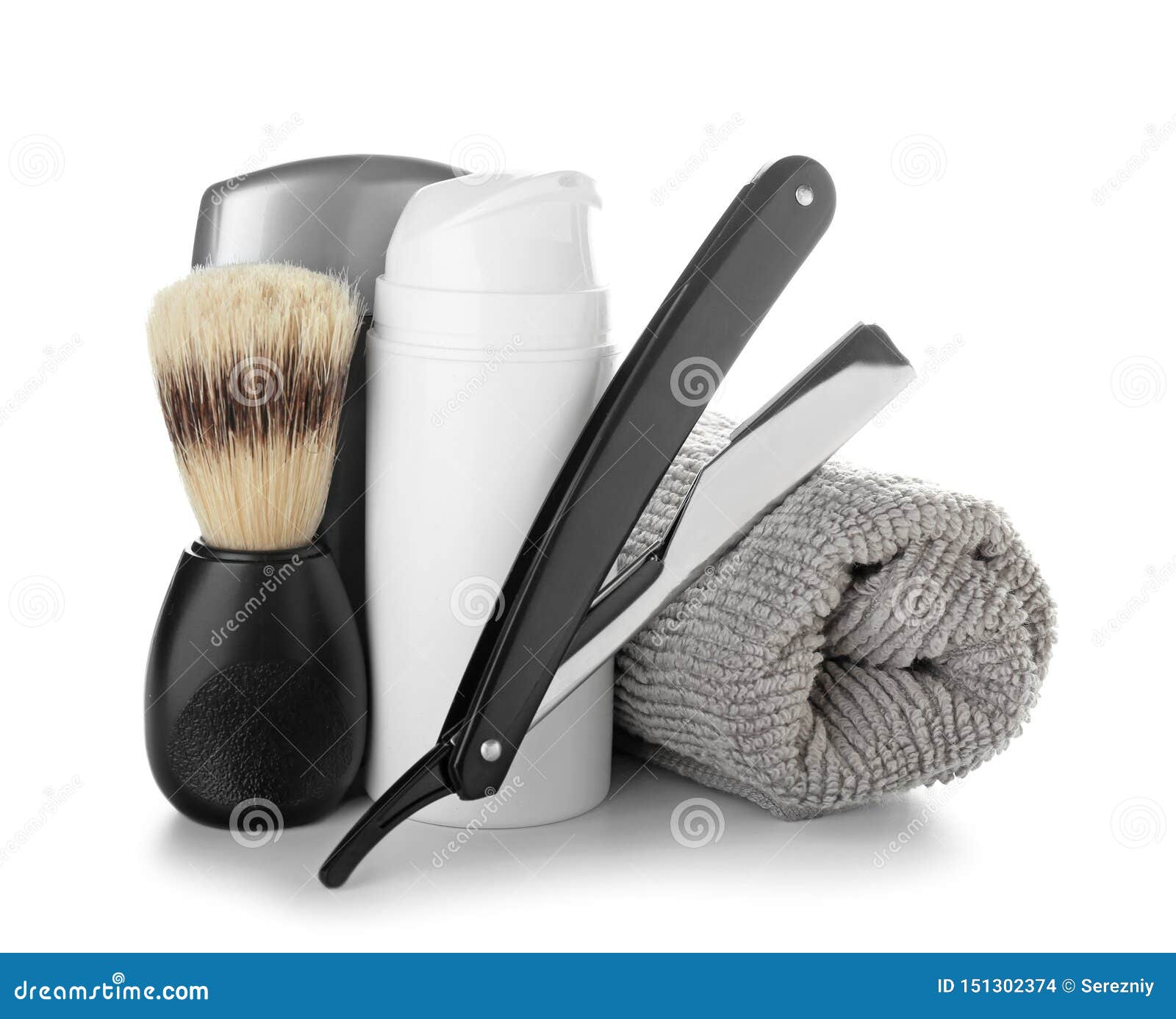 Shaving Accessories with Deodorant for Men on White Background Stock