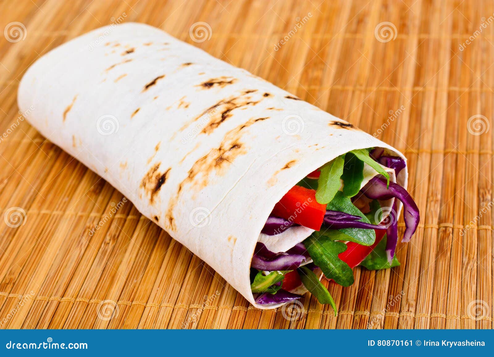 Shawarma Lavash with Arugula, Onion, Tomato and Vegetables Stock Image