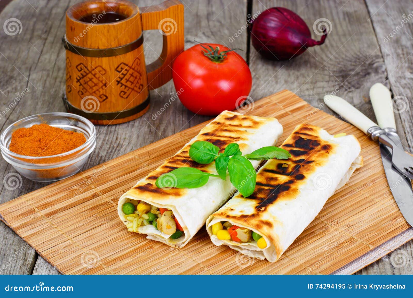 Shawarma Lavash with Rice and Vegetables Stock Image Image of