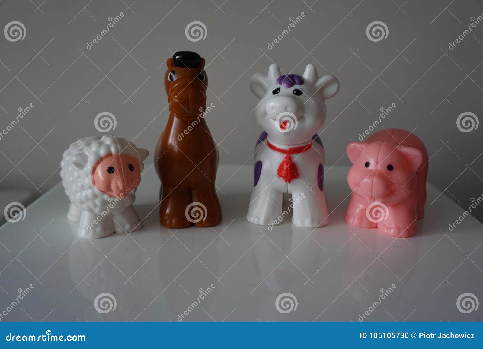 Farm Plastic Animals on White Shelf Stock Photo - Image of play, sheep:  105105730