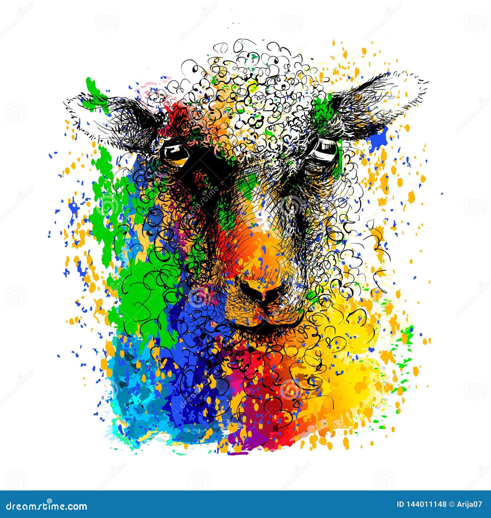 sheep lamb head. colourful animal mammal portrait. ink drawing