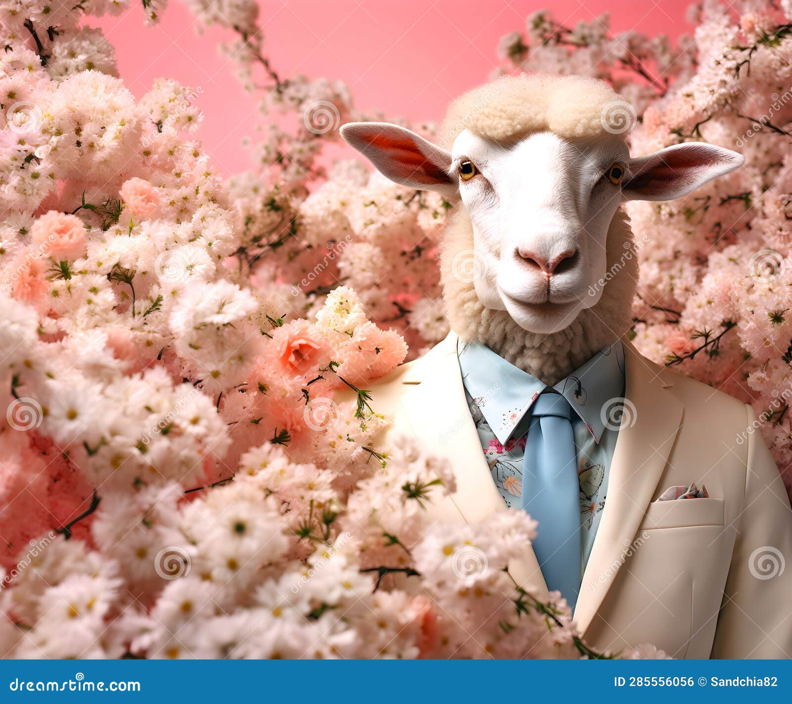 sheep lamb smart suit surrounded surreal garden full blossom flowers floral landscape creative animal concept 285556056